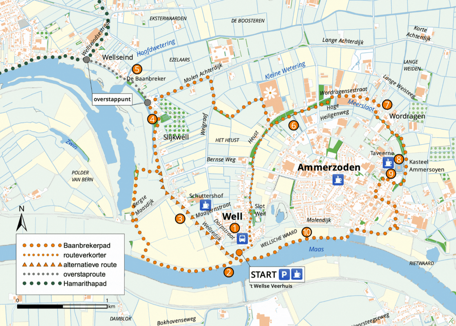 De route van het klompenpad in Ammerzoden en Well.